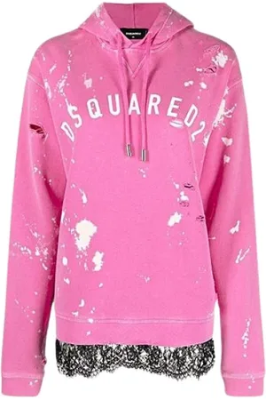 Dsquared2 Sweathshirts & Hoodies, Dame, Lyserød, XS, Bomuld, Distressed Painted Lace Hættetrøje Sweatshirt