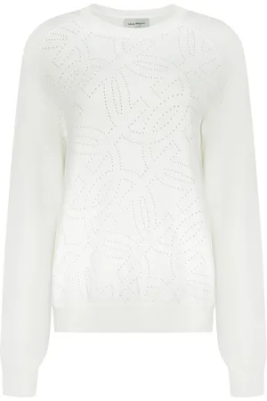 Salvatore Ferragamo Strik, Dame, Hvid, L, Uld, Ribstrikket sweater med rund hals og hulmønster