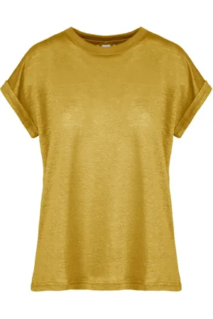 Bomboogie Top, Dame, Gul, M, Linned, Kort, T-shirt med ombukkede ærmer og rund hals