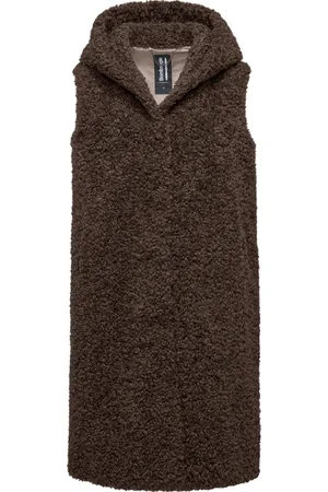 Bomboogie Jakke, Dame, Brun, L, Uld, Sherpa fleece vest med hætte og krølleeffekt