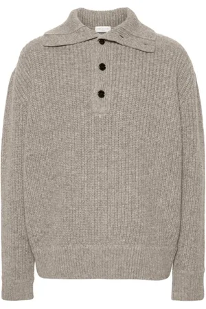 DRIES VAN NOTEN Strik, Herre, Grå, XL, Uld, Grå Uldstrikket Sweater med Høj Hals