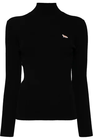 Maison Kitsuné Strik, Dame, Sort, S, Bomuld, Fox Patch Ribstrikket Rullekrave Sweater