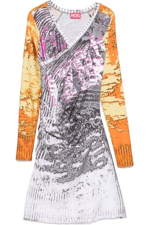 Diesel Kjole, Dame, Flerfarvet, XS, Nylon, All-over Printed Langærmet Kjole