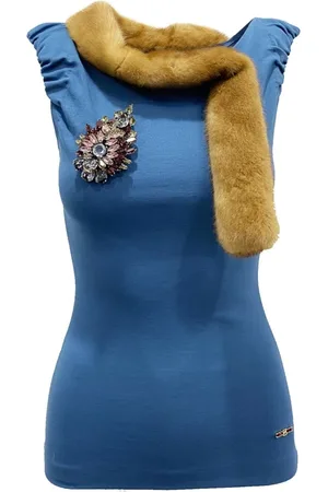 Dsquared2 Top, Dame, Blå, S, Uld, Mink Collar Ærmeløs Top med Krystal Broche