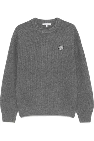 Maison Kitsuné Strik, Herre, Grå, XL, Uld, Bold Fox Head Patch Komfort Ribstrikket Jumper