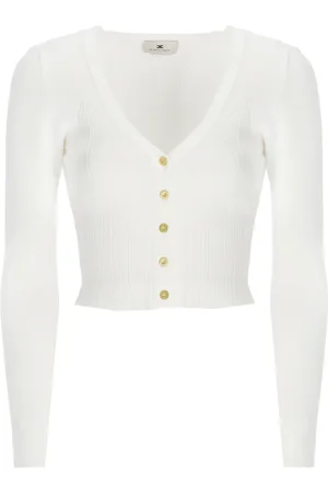 Elisabetta Franchi Strik, Dame, , S, Elfenbensfarvet V-hals Cardigan Sweater