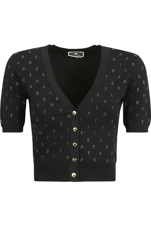 Elisabetta Franchi Strik, Dame, Sort, L, Cropped Cardigan i viskose med rhinstensbogstaver