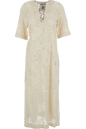 SEMICOUTURE Kjole, Dame, Hvid, XS, Bomuld, Hvid Lang Kjole med Dyb V-Hals og Blonder