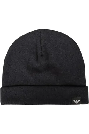 Emporio Armani Tilbehør, Herre, Sort, L, Uld, Sort Stof Beanie med Ørnelogo