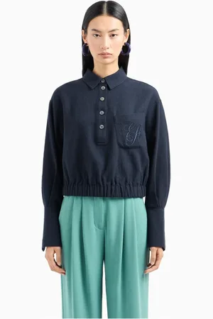 Emporio Armani Strik, Dame, Blå, XS, Uld, Natblå uld polo-style skjorte