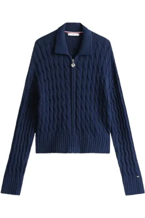 Tommy Hilfiger Strik, Dame, Blå, XS, Bomuld, Boxy Fit Twisted Strikket Lynlås Cardigan