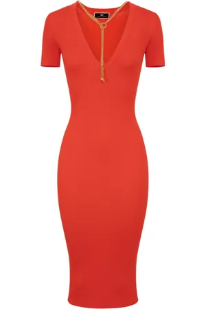 Elisabetta Franchi Kjole, Dame, Rød, XL, Ribbet Viscose Midi Kjole