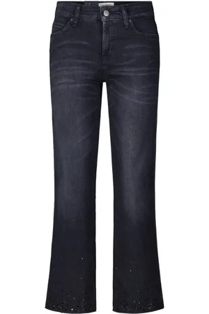 Cambio Jeans, Dame, Sort, 2XL, Bomuld, Straight-Fit Jeans med Rhinestones