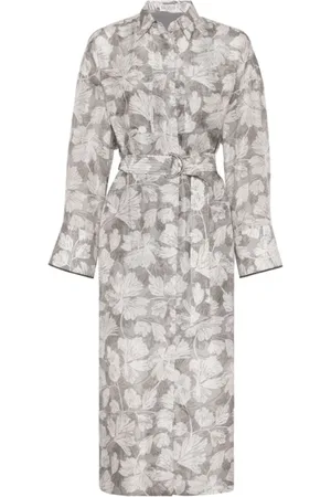 Brunello Cucinelli Kjole, Dame, Grå, L, Leaf Print Belted Midi Dress