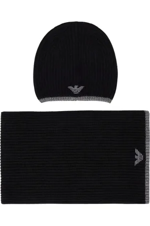 Emporio Armani Tilbehør, Herre, Sort, ONE SIZE, Uld, Luksuriøst sort og gråt sæt med hue og halstørklæde med logo