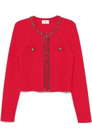 Elisabetta Franchi Jakke, Dame, Rød, S, Polyester, Crimson Herringbone Sweater med Lynlås