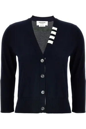 Thom Browne Strik, Dame, Blå, 2XS, V-hals sweater med signaturstriber