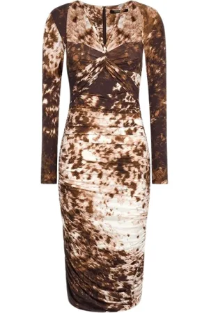 Roberto Cavalli Kjole, Dame, Brun, S, Print Ruched Midi Kjole Brun