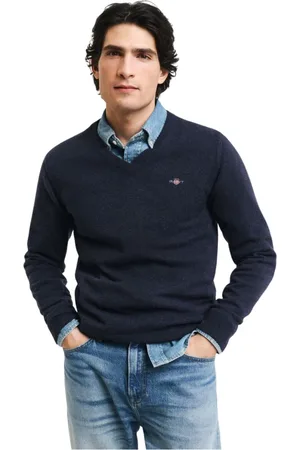 GANT Strik, Herre, Blå, 3XL, Uld, Ultrafin Lammeuld V-hals Pullover