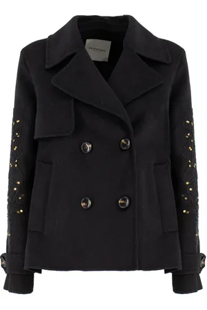 ERMANNO SCERVINO Frakke, Dame, Sort, S, Uld, Fransk Krave Dobbeltradet Frakke med Blomstret Strik