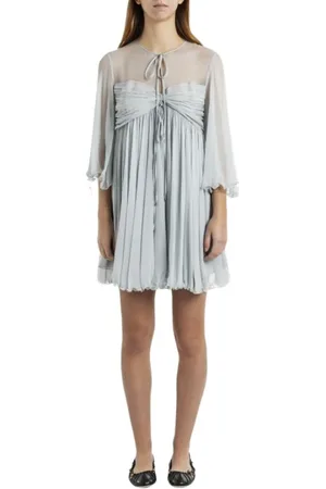 Chloé Kjole, Dame, Grå, M, Chiffon, Silk Mini Kjole med Plisserede Kanter