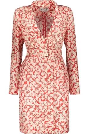 Lanvin Kjole, Dame, Rød, XS, Rayon, Blomstret Mini Kjole i Silke med Slå-om Bælte