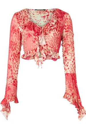 Roberto Cavalli Bluser & Skjorter, Dame, Rød, S, Jaguar Skin Print Ruffle Crop Top