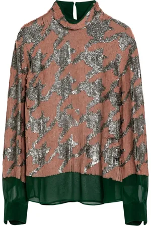 DRIES VAN NOTEN Bluser & Skjorter, Dame, Grøn, S, Grøn/pink/sølvfarvet bluse med pailletter