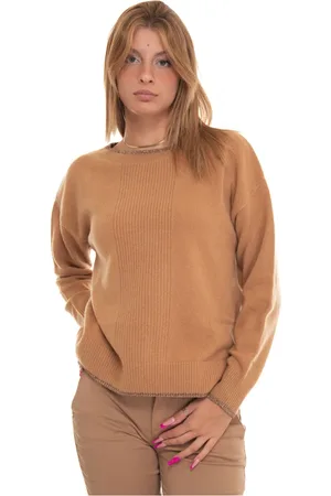 Liu Jo Strik, Dame, Brun, L, Uld, Rundhalset Pullover med Lurexdetaljer