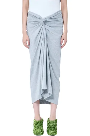 DRIES VAN NOTEN Nederdel, Dame, Grå, S, Bomuld, Front Knot Bomulds Midi Nederdel