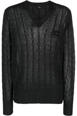 Etro Strik, Herre, Sort, L, Cashmere, Mørkegrå Kabelstrikket Sweater
