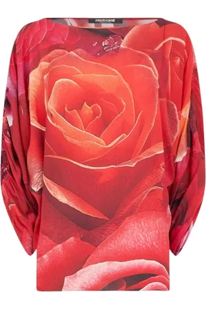 Roberto Cavalli Top, Dame, Rød, L, Sweater med samlede ærmer og roseprint