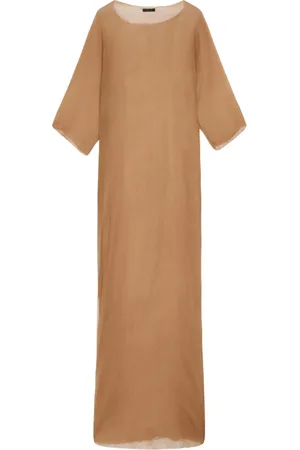 Cortana Kjole, Dame, Brun, L, Chiffon, Silke Bronze Lang Kjole med Sideslids