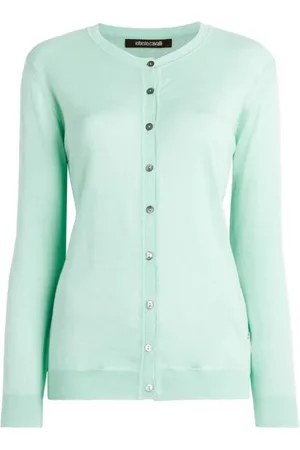 Roberto Cavalli Strik, Dame, Blå, XL, Bomuld, Gold Monogram Cardigan med Knapper