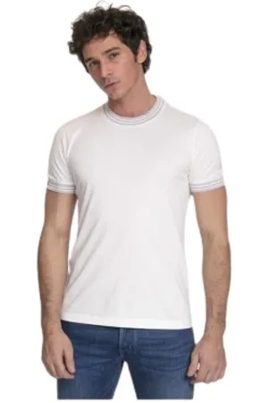 Brunello Cucinelli Top, Herre, Hvid, S, Bomuld, Hvid T-shirt med rund hals og farverige stribede kanter ved halsudskæring og ærmer