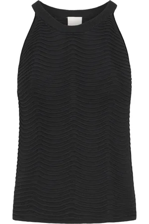 Ichi Top, Dame, Sort, XL, Uld, Sort Striktop med Rund Hals