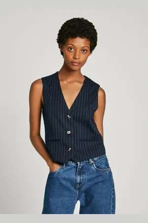 Pepe Jeans Jakke, Dame, Blå, L, Uld, Diana Vest med V-hals og Stribet Print