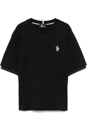Moncler Top, Dame, Sort, L, Bomuld, Crew Neck T-shirt med logo patch