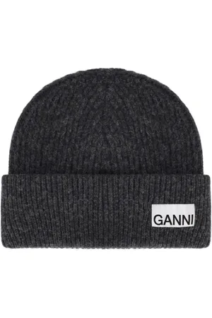 Ganni Tilbehør, Dame, Grå, ONE SIZE, Uld, Mørkegrå Ribstrikket Beanie