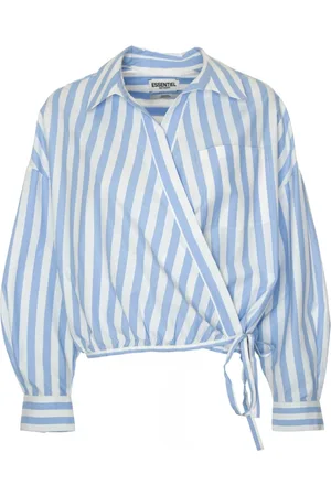 Essentiel Antwerp Bluser & Skjorter, Dame, Blå, L, Bomuld, Stribet Slå-om Bluse med V-udskæring