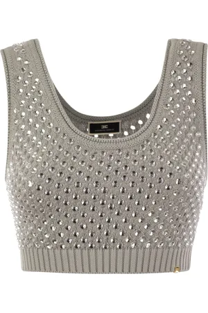 Elisabetta Franchi Top, Dame, Grå, XL, Bomuld, Cotton Mesh Top med Rhinestones