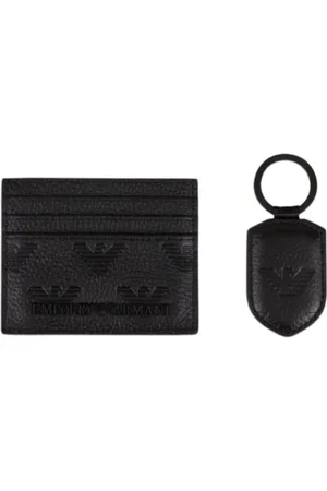 Emporio Armani Tilbehør, Herre, Sort, ONE SIZE, Læder, Embossed Eagle Læder Kortholder og Nøglering Sæt
