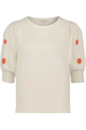 Fabienne Chapot Strik, Dame, Hvid, S, Bomuld, Blomsterbroderet 3/4-ærmet sweater