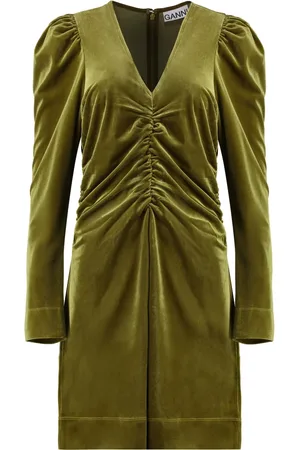 Ganni Kjole, Dame, Grøn, XL, Polyester, Velour Kort Kjole med Rynket Detalje