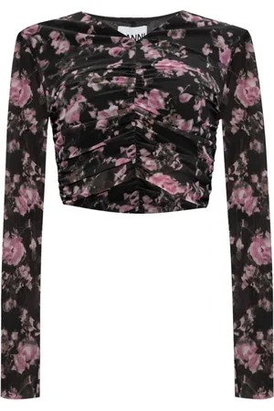 Ganni Bluser & Skjorter, Dame, Sort, XS, Nylon, Floral Mesh Langærmet Skjorte