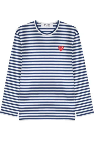 Comme des Garçons Top, Dame, Blå, L, Bomuld, Blå Stribet T-shirt med Hjerte Patch