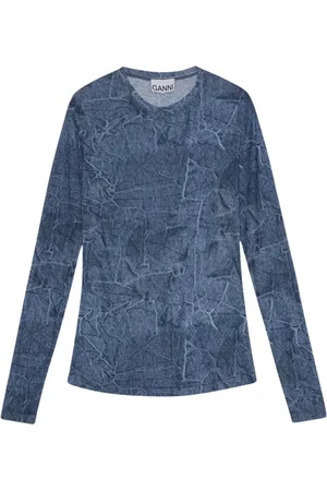 Ganni Top, Dame, Blå, S, Polyester, Blå Grafik Mesh Langærmet Bluse