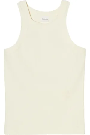 Closed Top, Dame, Gul, XS, Bomuld, Gul Ribbet Racer Top med Logo Broderi