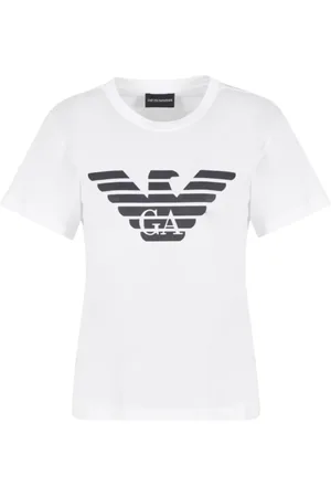 Emporio Armani Top, Dame, Hvid, S, Bomuld, Jersey T-shirt med ørnelogoprint