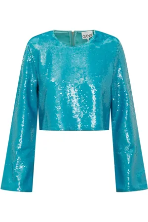 Ganni Bluser & Skjorter, Dame, Blå, L, Polyester, Sequins Bluse
